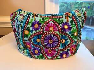 Tribe Azure Embroidered Mirror Work Tote Bag Boho Fair Trade Turquoise Floral